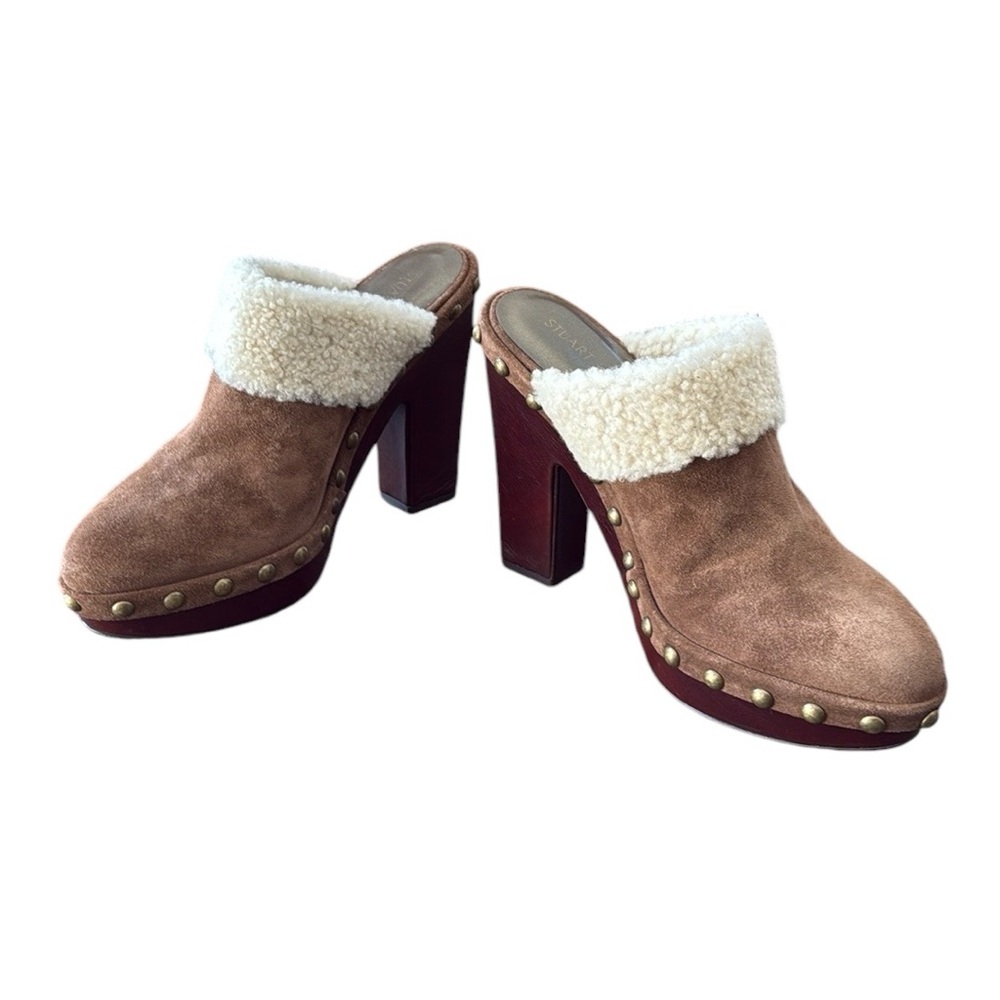 Stuart Weitzman Depot Shearling Clogs in Cigar Fur Studded Heeled Clogs 9B